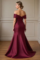 Load image into Gallery viewer, Burgundy Mermaid Off the Shoulder Satin Long Mother of the Bride Dress
