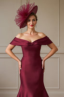 Load image into Gallery viewer, Burgundy Mermaid Off the Shoulder Satin Long Mother of the Bride Dress