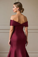 Load image into Gallery viewer, Burgundy Mermaid Off the Shoulder Satin Long Mother of the Bride Dress
