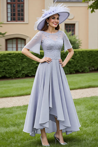 Silver A Line Chiffon Long Mother of the Bride Dress with Lace