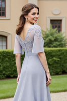 Load image into Gallery viewer, Silver A Line Chiffon Long Mother of the Bride Dress with Lace