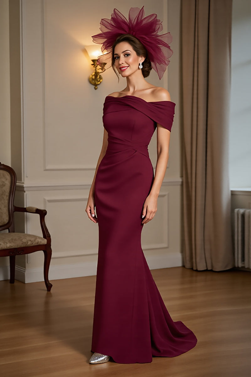 Load image into Gallery viewer, Burgundy Satin Off the Shoulder Long Mother of the Bride Dress