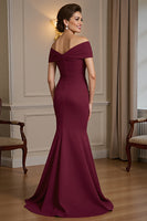 Load image into Gallery viewer, Burgundy Satin Off the Shoulder Long Mother of the Bride Dress