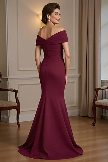 Burgundy Satin Off the Shoulder Long Mother of the Bride Dress