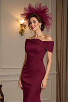 Load image into Gallery viewer, Burgundy Satin Off the Shoulder Long Mother of the Bride Dress