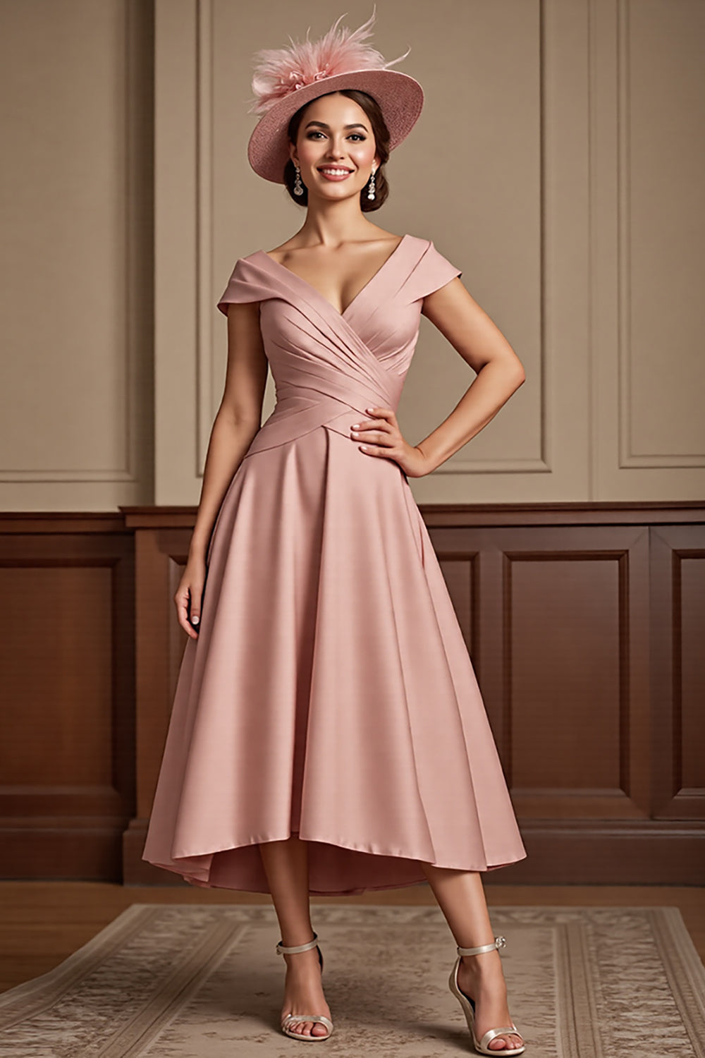 Dusty Rose Satin A Line Midi Mother of the Bride Dress