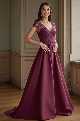 Burgundy Satin A Line Long Mother of the Bride Dress with Lace