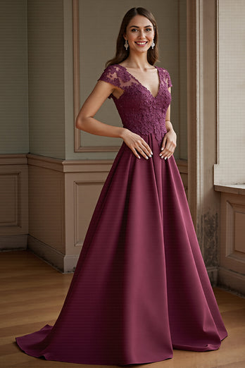 Burgundy Satin A Line Long Mother of the Bride Dress with Lace