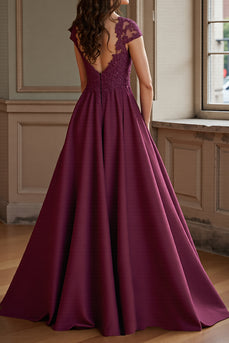 Burgundy Satin A Line Long Mother of the Bride Dress with Lace