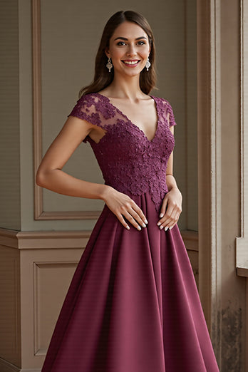Burgundy Satin A Line Long Mother of the Bride Dress with Lace