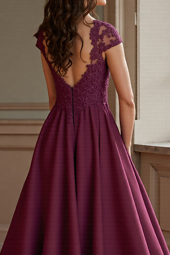 Burgundy Satin A Line Long Mother of the Bride Dress with Lace