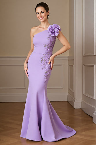Floral Lilac Satin Long Mermaid Mother of the Bride Dress with Appliques