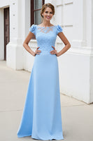 Load image into Gallery viewer, Sky Blue Floral Satin Long Mother of the Bride Dress with Lace