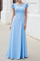 Load image into Gallery viewer, Sky Blue Floral Satin Long Mother of the Bride Dress with Lace