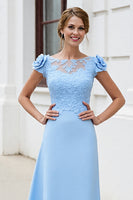 Load image into Gallery viewer, Sky Blue Floral Satin Long Mother of the Bride Dress with Lace