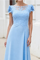 Load image into Gallery viewer, Sky Blue Floral Satin Long Mother of the Bride Dress with Lace