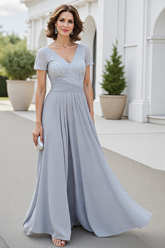 Silver A Line Chiffon V-Neck Long Mother of the Bride Dress