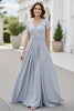 Load image into Gallery viewer, Silver A Line Chiffon V-Neck Long Mother of the Bride Dress