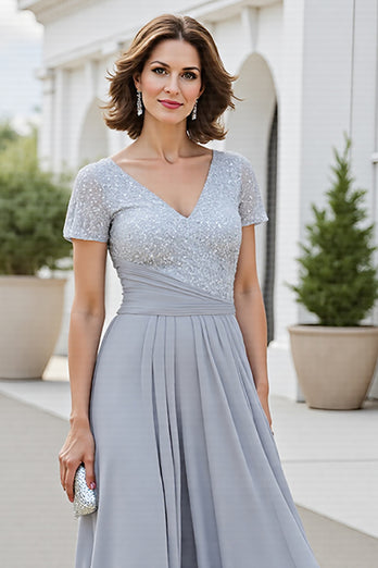 Silver A Line Chiffon V-Neck Long Mother of the Bride Dress