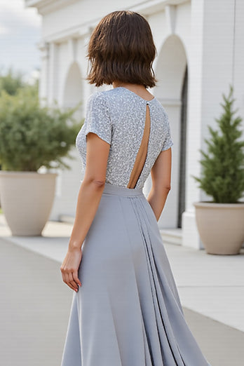 Silver A Line Chiffon V-Neck Long Mother of the Bride Dress