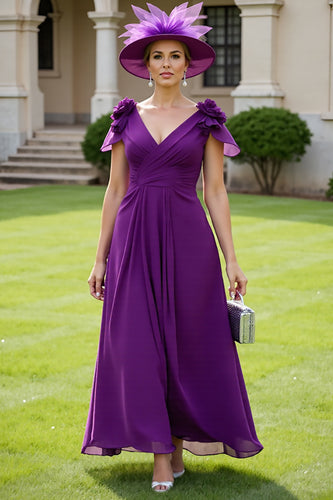 Floral Grape Chiffon V-Neck Long Mother of the Bride Dress