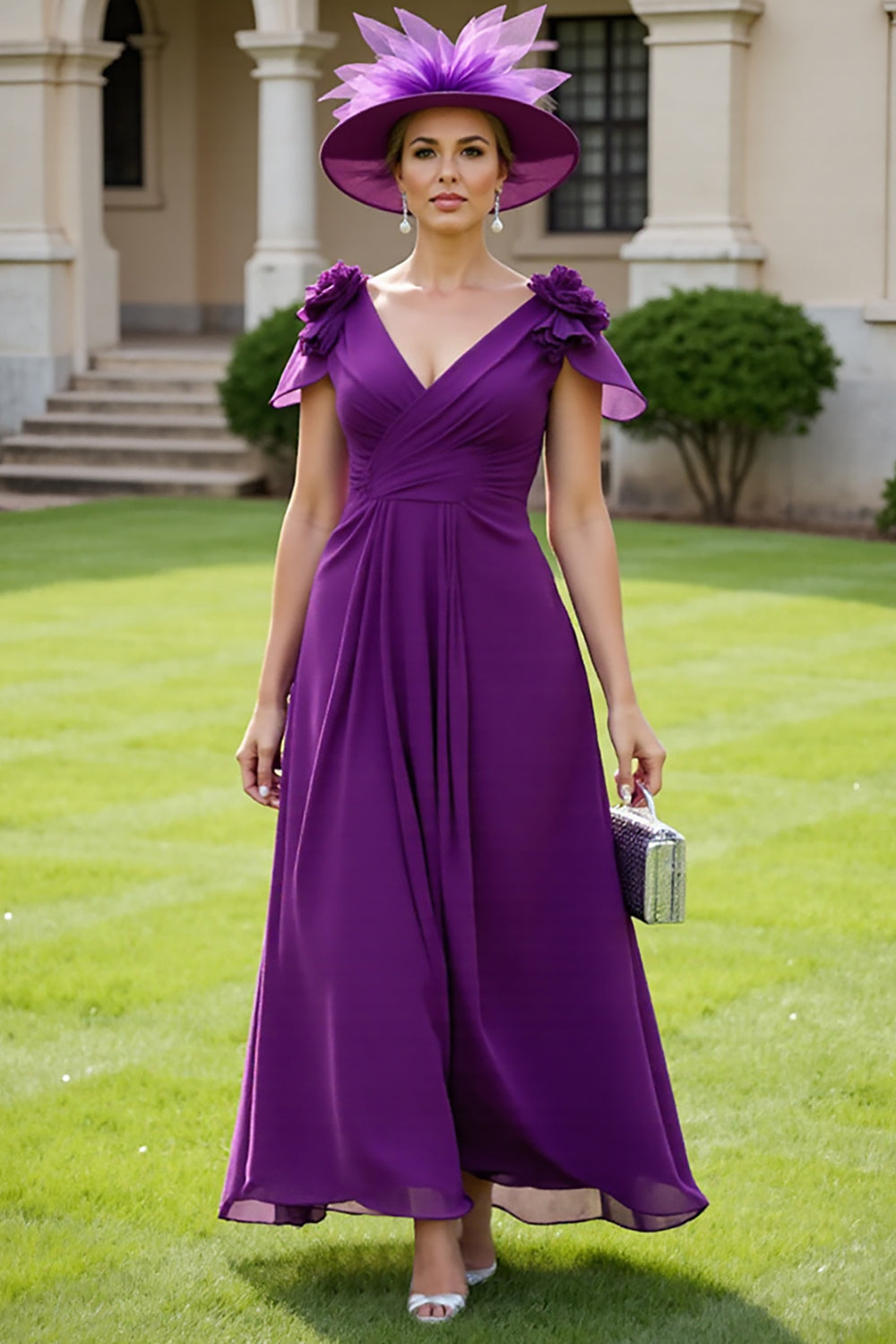 Floral Grape Chiffon V-Neck Long Mother of the Bride Dress