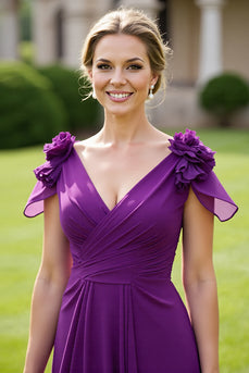 Floral Grape Chiffon V-Neck Long Mother of the Bride Dress