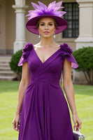 Load image into Gallery viewer, Floral Grape Chiffon V-Neck Long Mother of the Bride Dress