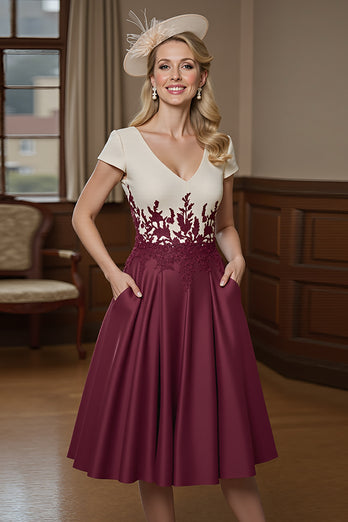 Burgundy Satin A Line Midi Mother of the Bride Dress with Appliques