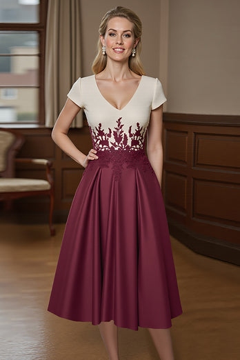 Burgundy Satin A Line Midi Mother of the Bride Dress with Appliques