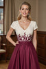 Load image into Gallery viewer, Burgundy Satin A Line Midi Mother of the Bride Dress with Appliques