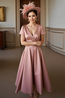 Load image into Gallery viewer, Dusty Rose A Line V-Neck Satin Midi Mother of the Bride Dress