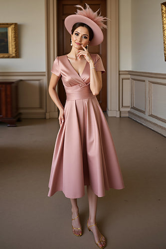 Dusty Rose A Line V-Neck Satin Midi Mother of the Bride Dress