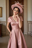 Load image into Gallery viewer, Dusty Rose A Line V-Neck Satin Midi Mother of the Bride Dress