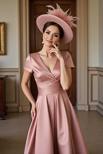 Dusty Rose A Line V-Neck Satin Midi Mother of the Bride Dress