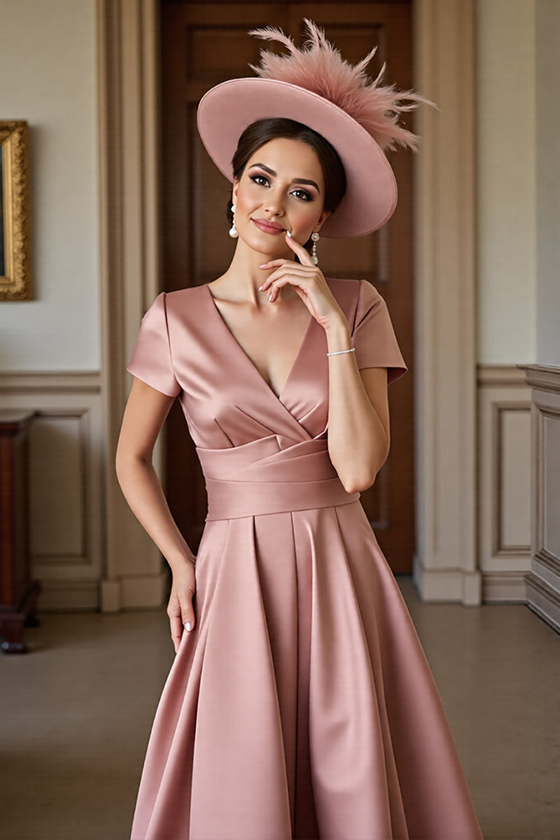 Load image into Gallery viewer, Dusty Rose A Line V-Neck Satin Midi Mother of the Bride Dress