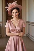 Load image into Gallery viewer, Dusty Rose A Line V-Neck Satin Midi Mother of the Bride Dress