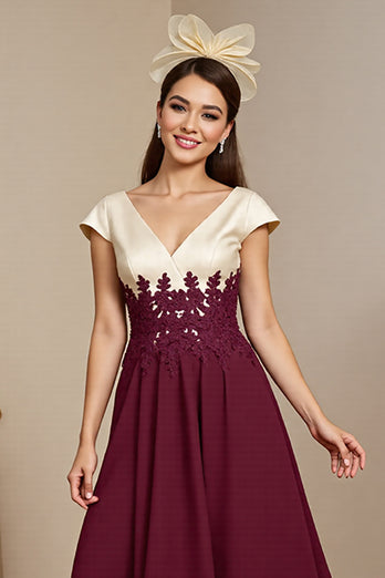 Burgundy Satin A Line Long Mother of the Bride Dress with Appliques