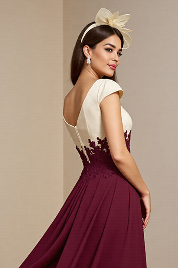 Burgundy Satin A Line Long Mother of the Bride Dress with Appliques
