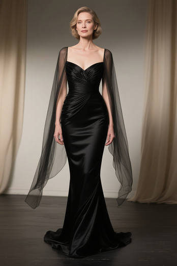 Black Satin Mermaid Long Mother of the Bride Dress with Cape