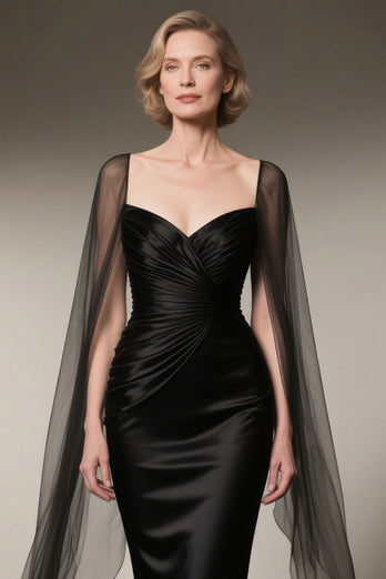 Black Satin Mermaid Long Mother of the Bride Dress with Cape