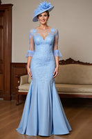 Load image into Gallery viewer, Sky Blue Satin Ruffled Long Mermaid Mother of the Bride Dress with Lace