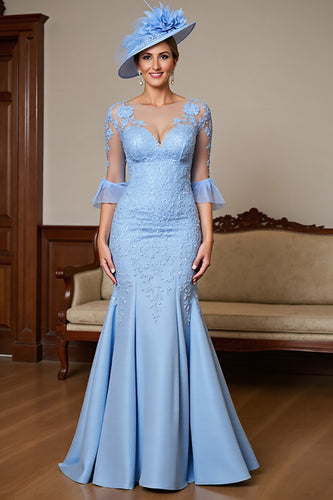 Sky Blue Satin Ruffled Long Mermaid Mother of the Bride Dress with Lace