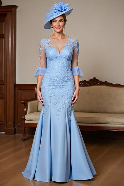 Sky Blue Satin Ruffled Long Mermaid Mother of the Bride Dress with Lace