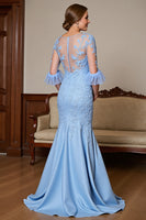 Load image into Gallery viewer, Sky Blue Satin Ruffled Long Mermaid Mother of the Bride Dress with Lace