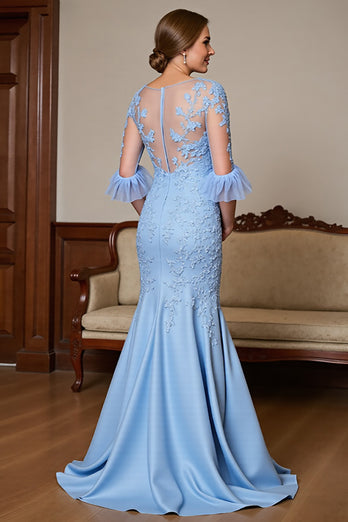 Sky Blue Satin Ruffled Long Mermaid Mother of the Bride Dress with Lace