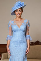 Load image into Gallery viewer, Sky Blue Satin Ruffled Long Mermaid Mother of the Bride Dress with Lace