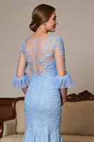 Load image into Gallery viewer, Sky Blue Satin Ruffled Long Mermaid Mother of the Bride Dress with Lace