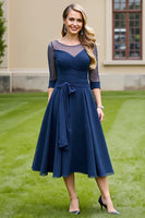 Load image into Gallery viewer, Navy Chiffon A Line Tie Front Midi Mother of the Bride Dress