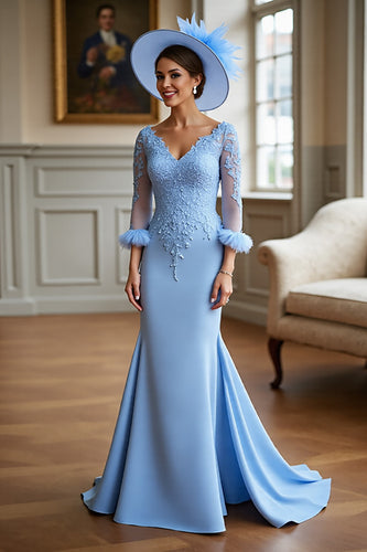 Sky Blue Satin Long Sleeves Mother of the Bride Dress with Lace